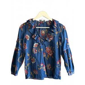 Madewell x Warm Womens Top XS Blue Floral Ruffle V Neck Long Sleeve boho